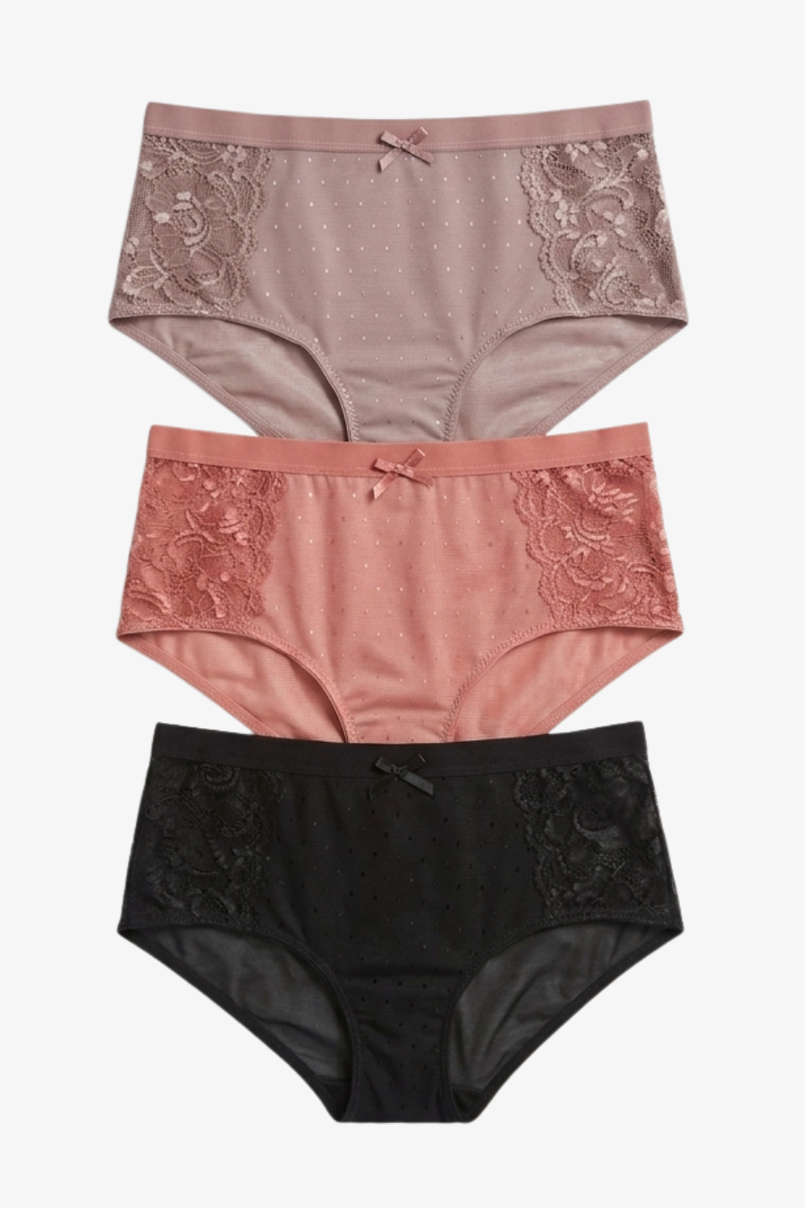 Three pairs of women's lace panties stacked vertically on a light gray background. The top pair is dusty rose, the middle pair is dusty pink, and the bottom pair is black.