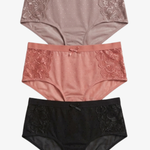 Three pairs of women's lace panties stacked vertically on a light gray background. The top pair is dusty rose, the middle pair is dusty pink, and the bottom pair is black.