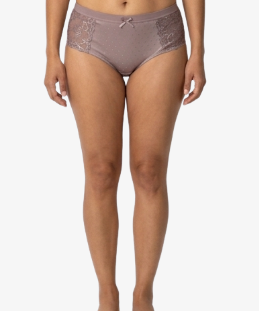 A model wearing a pair of dusty mauve lace panties, shown from the waist down against a plain white background.