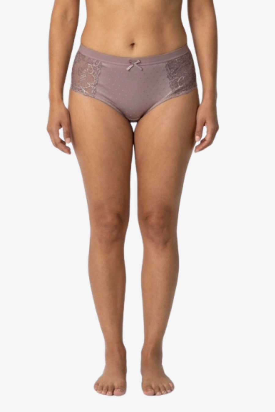 A model wearing a pair of dusty mauve lace panties, shown from the waist down against a plain white background.