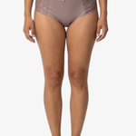 A model wearing a pair of dusty mauve lace panties, shown from the waist down against a plain white background.