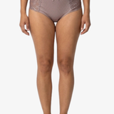 A model wearing a pair of dusty mauve lace panties, shown from the waist down against a plain white background.