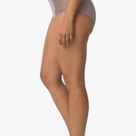 Side view of a model wearing high-waisted, light mauve-gray lace panties against a plain white background.
