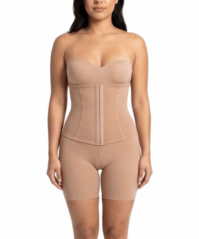 Woman wearing a beige shapewear bodysuit on a white background