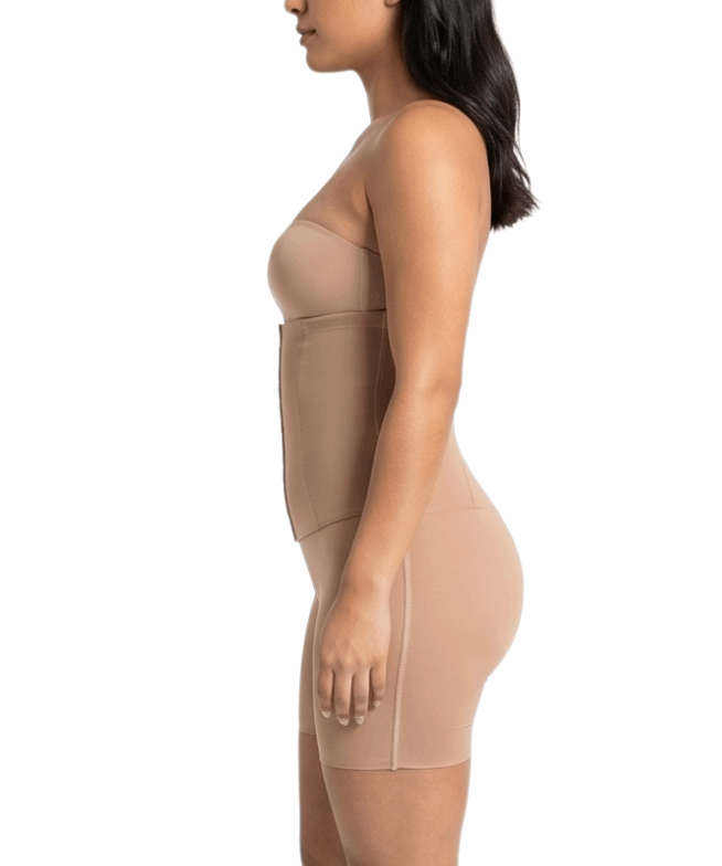 Woman wearing a beige shapewear garment on a white background
