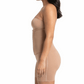 Woman wearing a beige shapewear garment on a white background