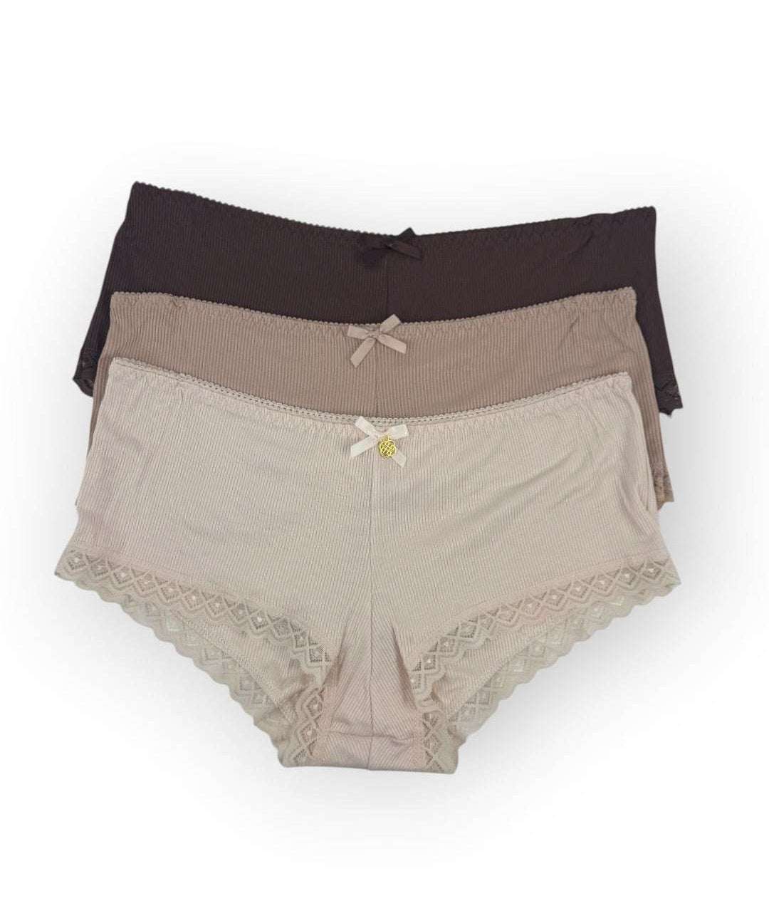 Three pairs of women's underwear, one brown, one mocha, and one beige, on a white background.