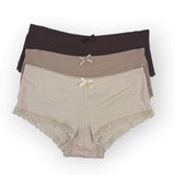 Three pairs of women's underwear, one brown, one mocha, and one beige, on a white background.