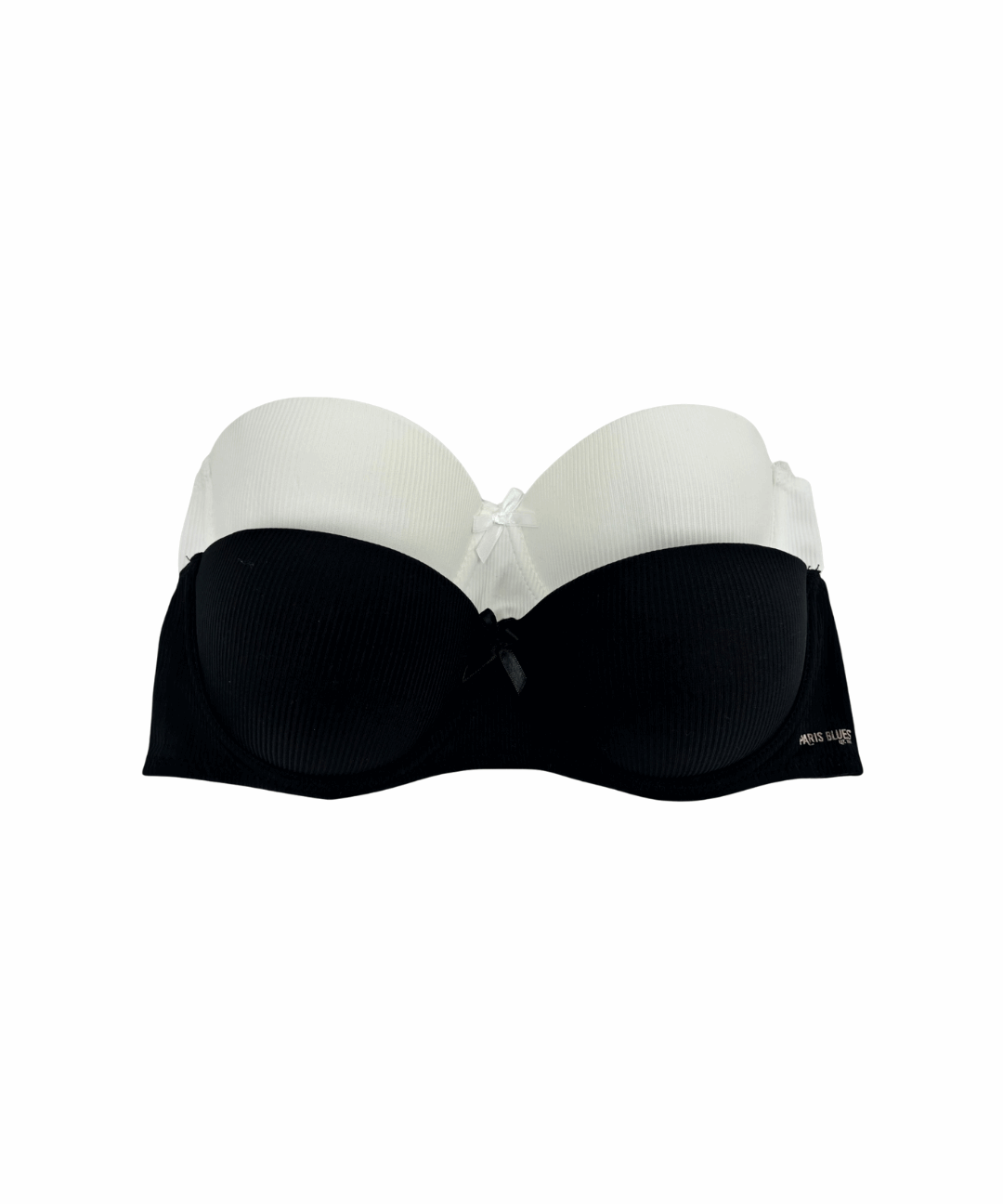 Black and white strapless bra on a white background