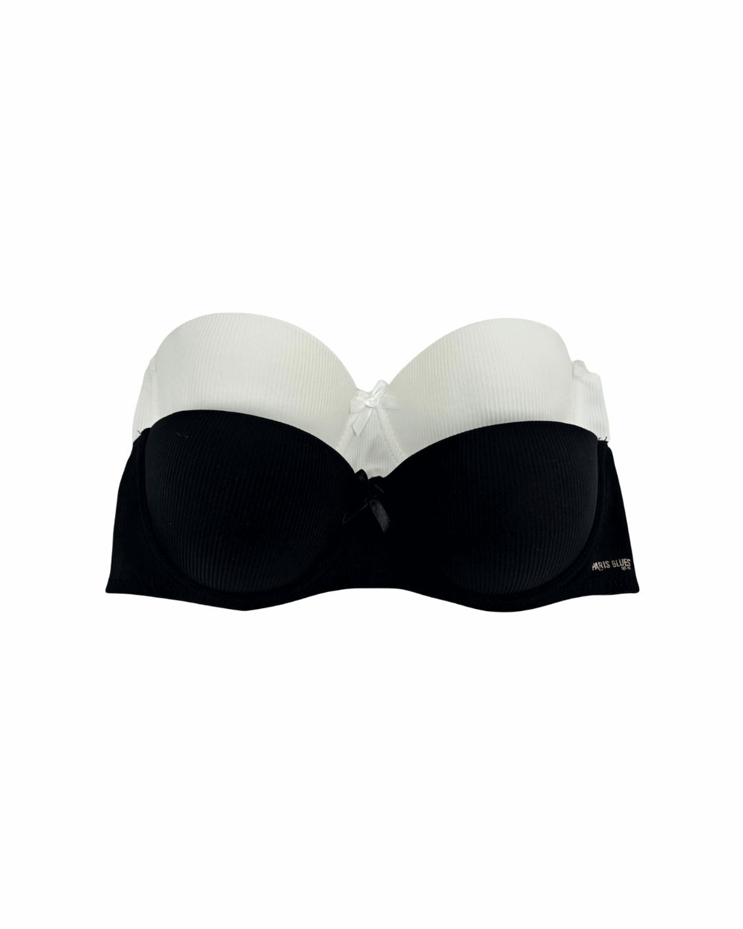 Black and white strapless bra on a white background