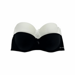 Black and white strapless bra on a white background