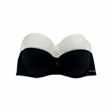 Black and white strapless bra on a white background