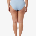 A woman modeling a pair of light blue bikinis against a plain white studio background. 
