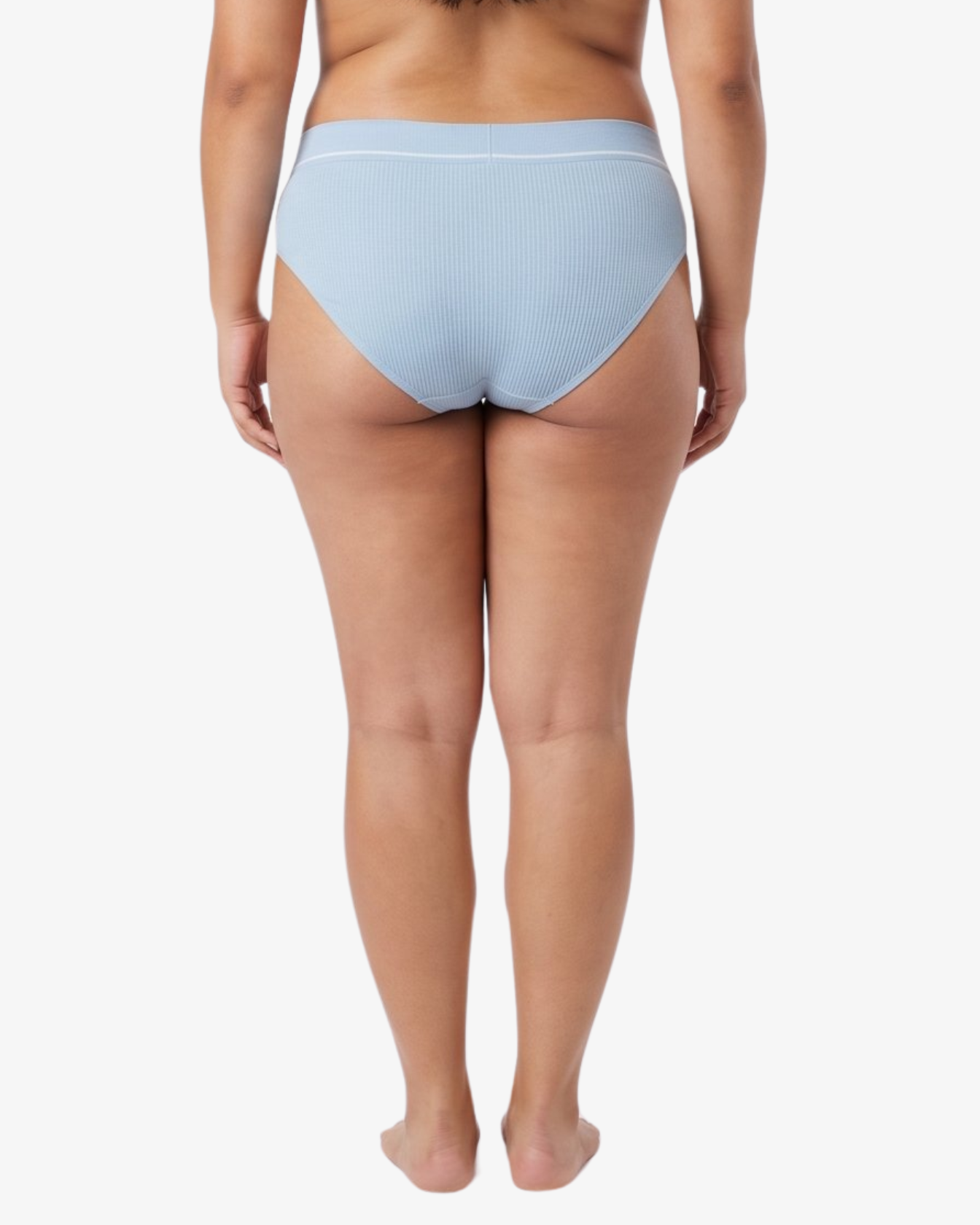 A woman modeling a pair of light blue bikinis against a plain white studio background. 