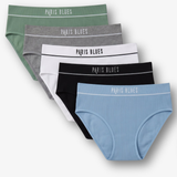 A 5-pack of women's ribbed briefs in assorted colors, including sage green, gray, white, black, and light blue, arranged in a fan shape. Each pair features a contrasting elastic waistband with the brand name 'PARIS BLUES' printed in white.
