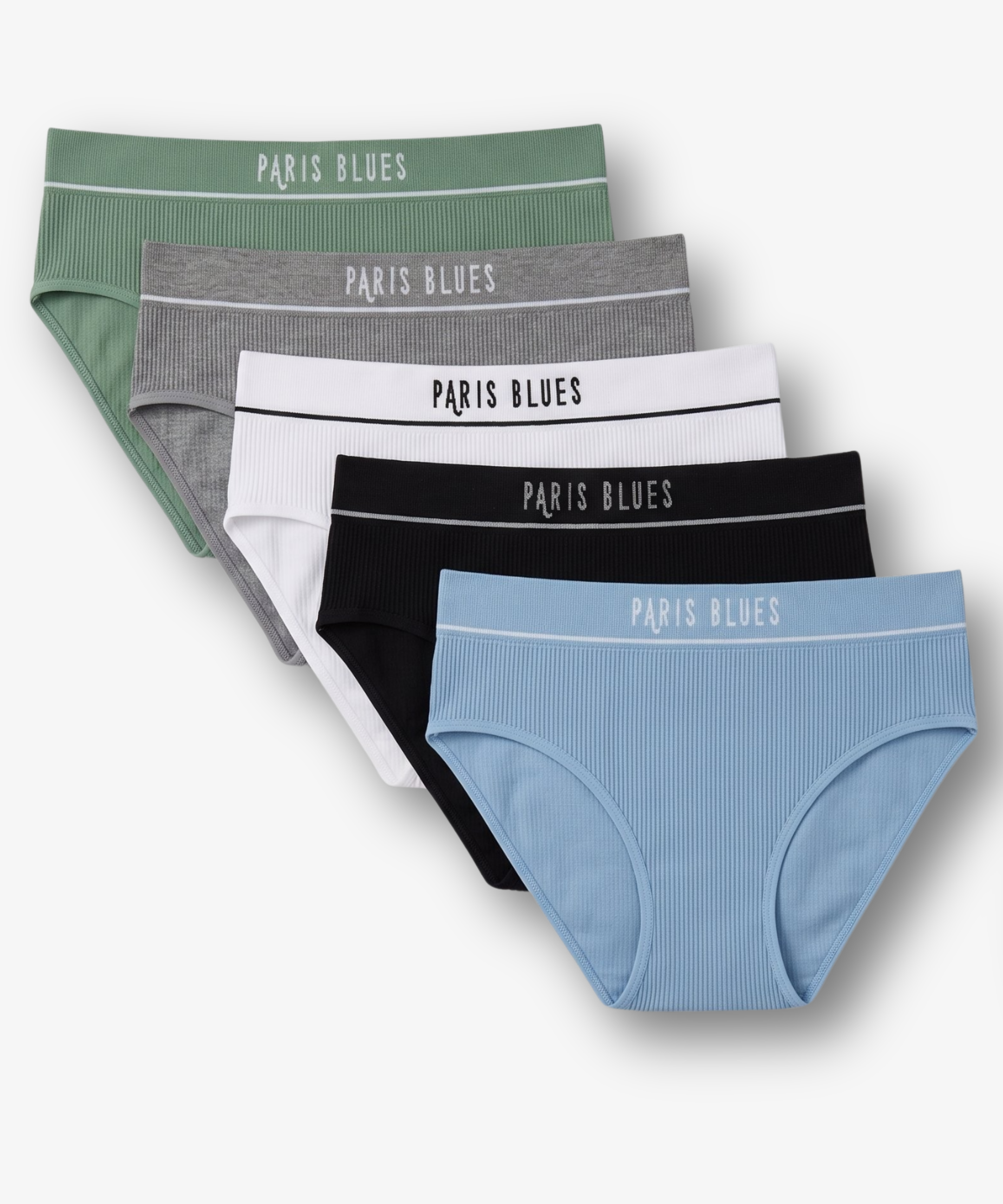 A 5-pack of women's ribbed briefs in assorted colors, including sage green, gray, white, black, and light blue, arranged in a fan shape. Each pair features a contrasting elastic waistband with the brand name 'PARIS BLUES' printed in white.