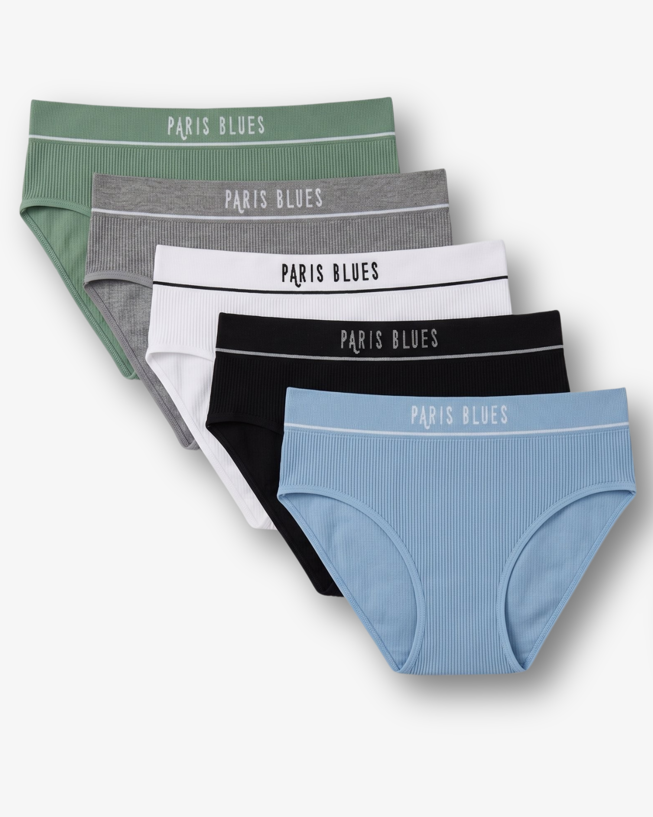 A 5-pack of women's ribbed briefs in assorted colors, including sage green, gray, white, black, and light blue, arranged in a fan shape. Each pair features a contrasting elastic waistband with the brand name 'PARIS BLUES' printed in white.