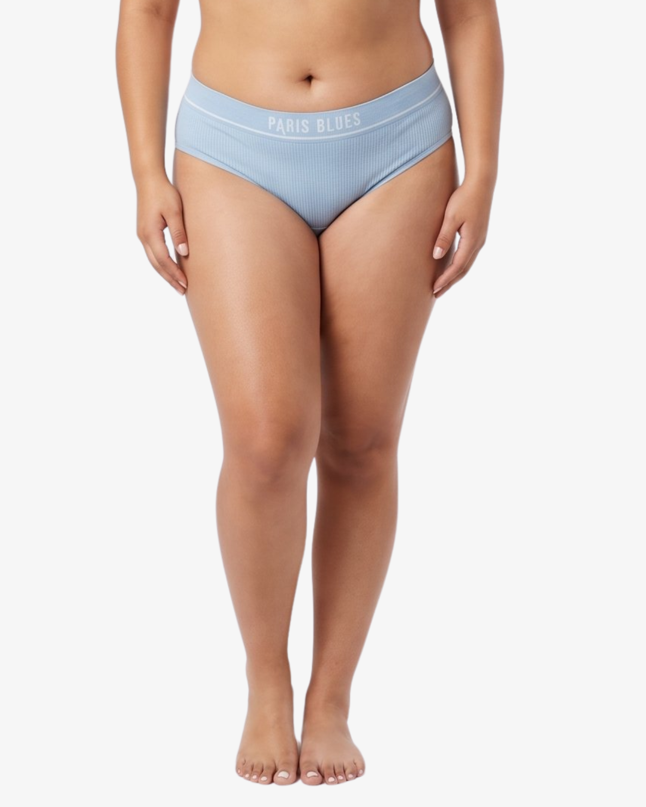 A woman modeling a pair of light blue bikinis against a plain white studio background. The underwear has a white elastic waistband with the brand name 'PARIS BLUES' printed in white.