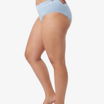 A woman modeling a pair of light blue bikinis against a plain white studio background. 