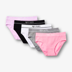 A 5-pack of women's briefs by Paris Blues, fanned out to show the different colors: light purple, black, white, heather gray, and light pink. Each pair features a wide elastic waistband with the brand name 'PARIS BLUES' printed in white.