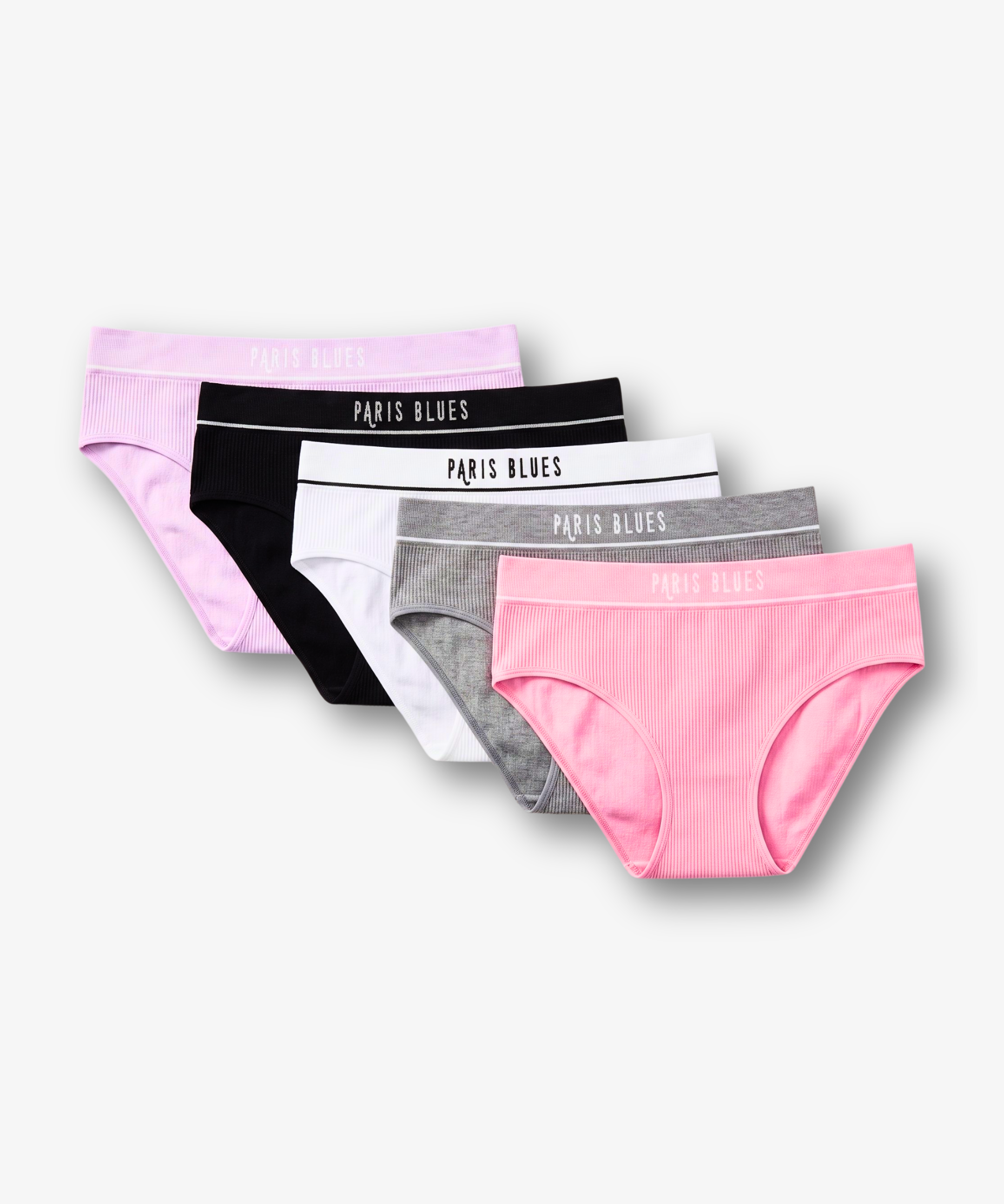 A 5-pack of women's briefs by Paris Blues, fanned out to show the different colors: light purple, black, white, heather gray, and light pink. Each pair features a wide elastic waistband with the brand name 'PARIS BLUES' printed in white.