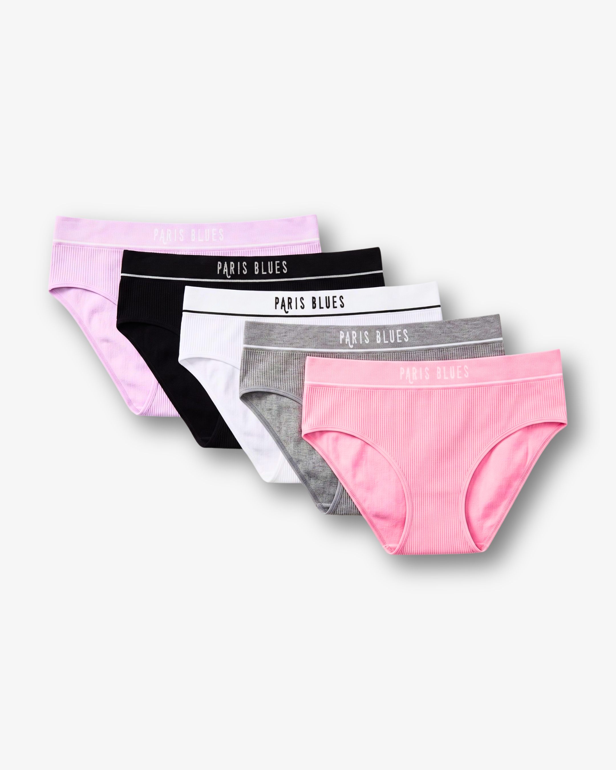 A 5-pack of women's briefs by Paris Blues, fanned out to show the different colors: light purple, black, white, heather gray, and light pink. Each pair features a wide elastic waistband with the brand name 'PARIS BLUES' printed in white.
