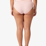 A model wearing a light pink ribbed high-waisted bikinis, featuring the brand name 'PARIS BLUES' printed on the waistbands, against a light gray background.