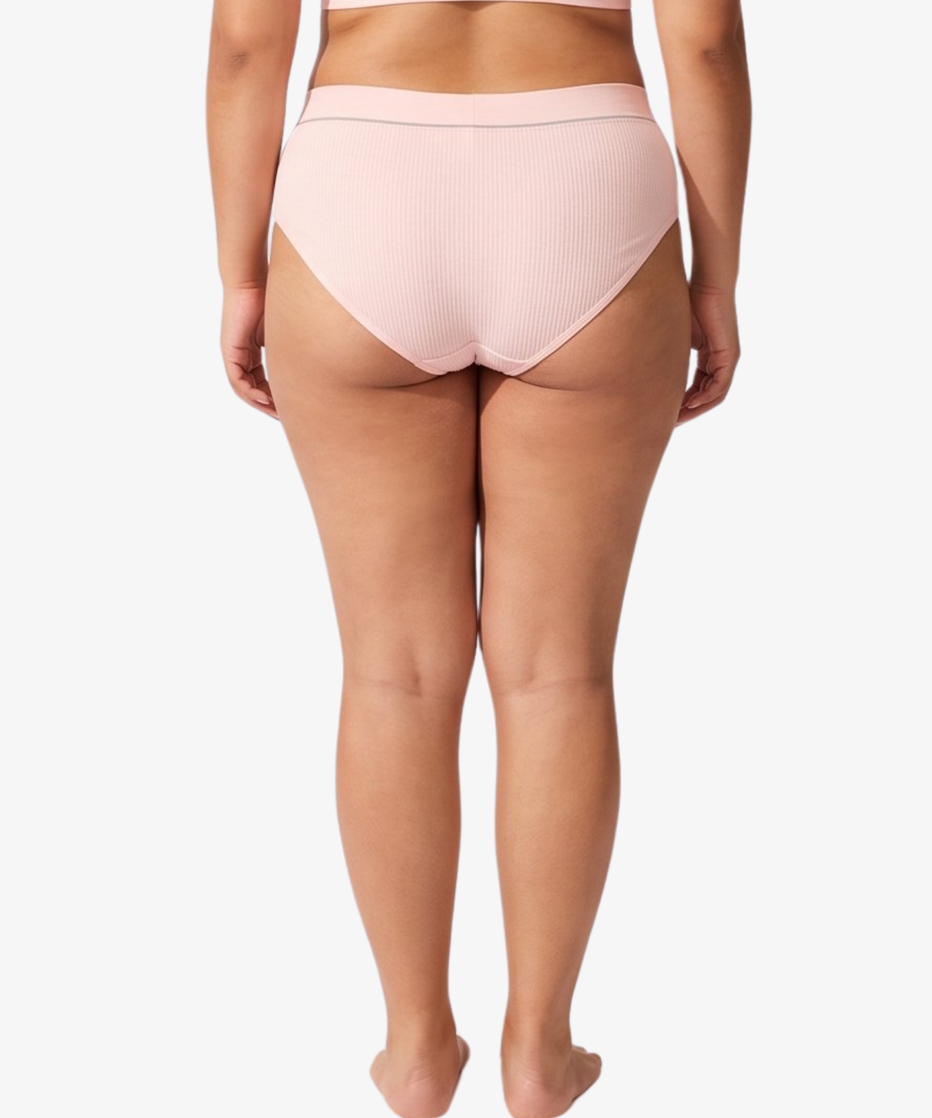 A model wearing a light pink ribbed high-waisted bikinis, featuring the brand name 'PARIS BLUES' printed on the waistbands, against a light gray background.