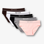 A 5-pack of women's Paris Blues brand briefs in assorted colors, including brown, white, black, gray, and light pink, arranged in a fan shape on a light gray background.