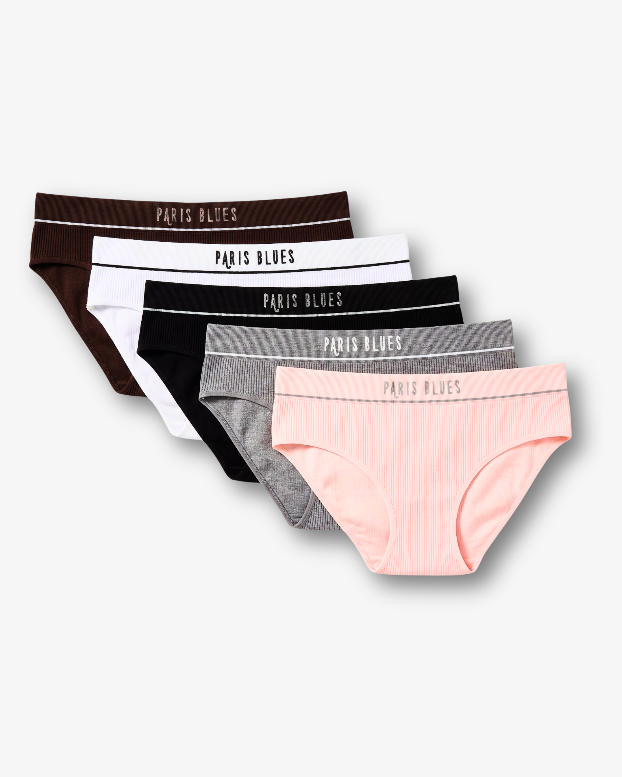 A 5-pack of women's Paris Blues brand briefs in assorted colors, including brown, white, black, gray, and light pink, arranged in a fan shape on a light gray background.