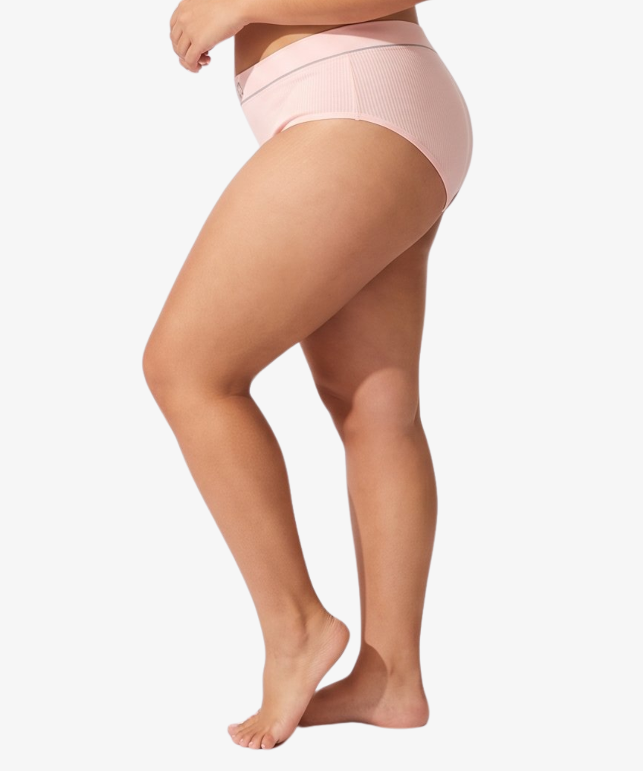 A model wearing a light pink ribbed high-waisted bikinis, featuring the brand name 'PARIS BLUES' printed on the waistbands, against a light gray background.