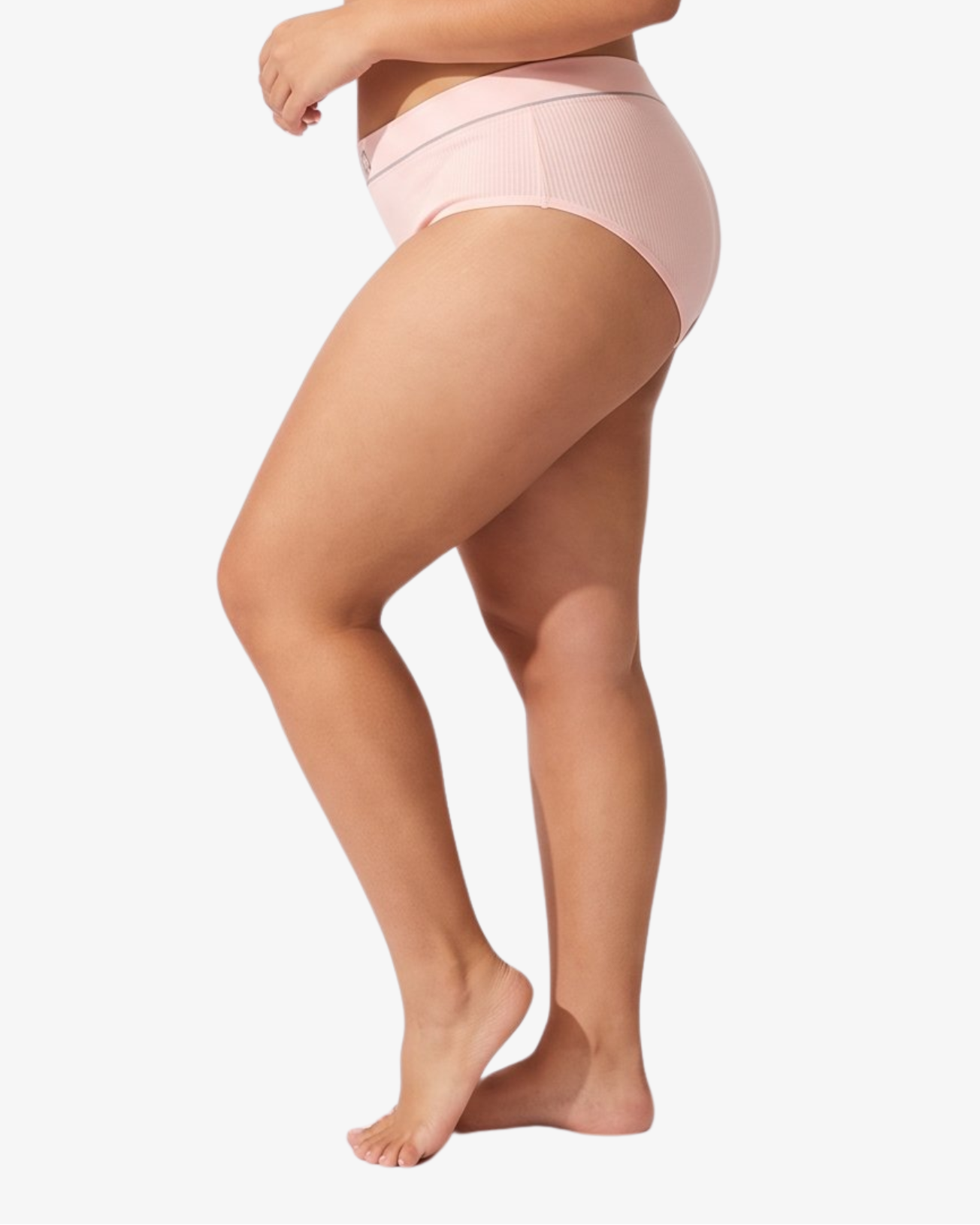 A model wearing a light pink ribbed high-waisted bikinis, featuring the brand name 'PARIS BLUES' printed on the waistbands, against a light gray background.