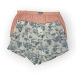 Floral-patterned boxer brief and a pink boxer brief on a white background