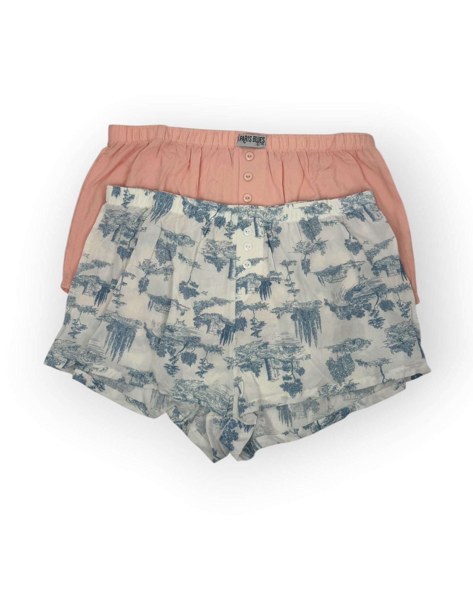 Floral-patterned boxer brief and a pink boxer brief on a white background