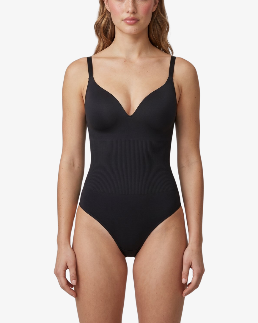 A woman modeling a black one-piece shapewear with thin shoulder straps and a deep V-neckline, photographed against a clean light gray studio background.