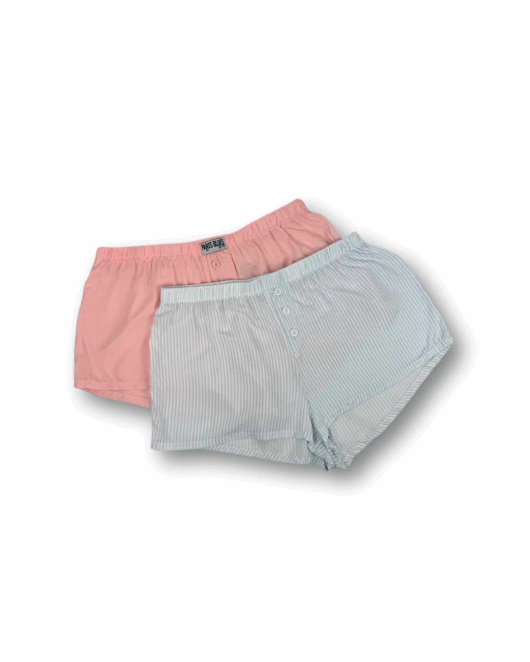 Two pairs of boxer shorts, one pink and one striped, on a white background.