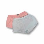 Two pairs of boxer shorts, one pink and one striped, on a white background.