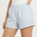 Light blue striped shorts worn by a person on a white background