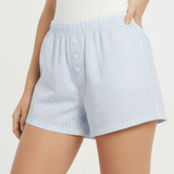 Light blue striped shorts worn by a person on a white background