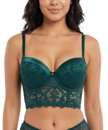 Woman wearing a green lace bra on a white background
