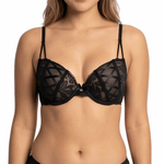 Black lace bra set on a white background
