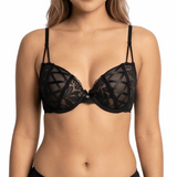 Black lace bra set on a white background