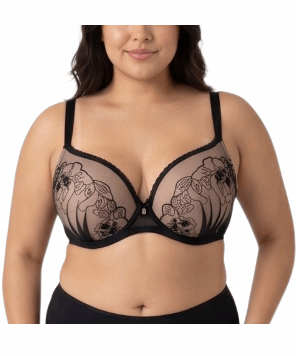 Black lace bra worn by a model on a white background