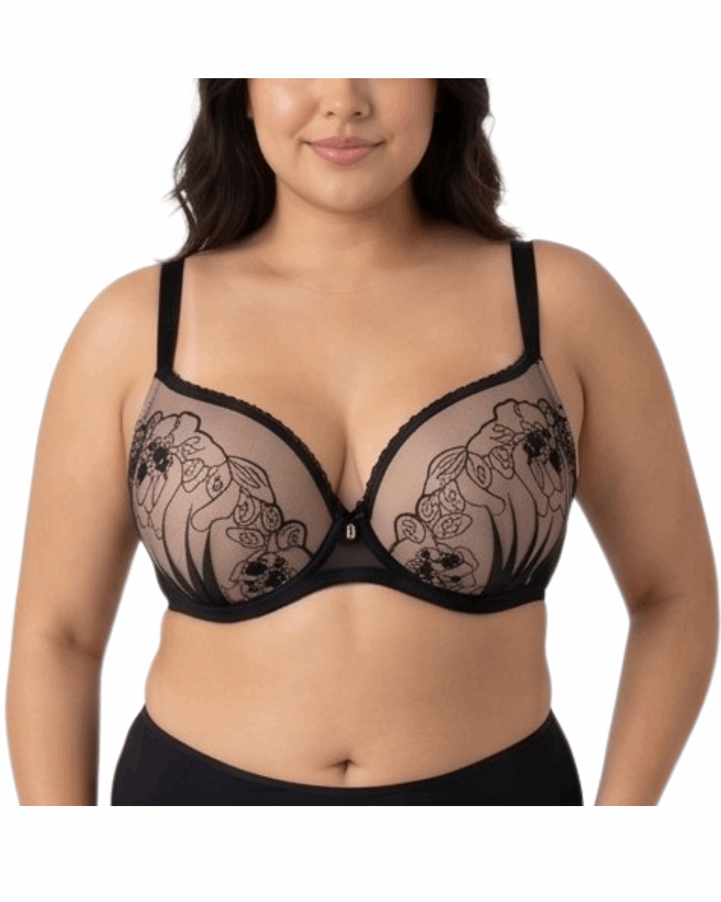 Black lace bra worn by a model on a white background