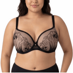 Black lace bra worn by a model on a white background