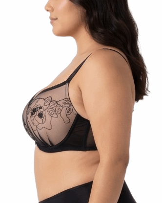 Woman wearing a black lace bra on a white background