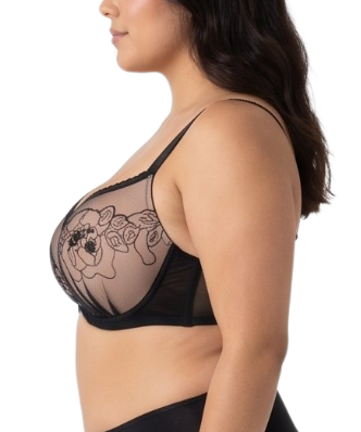 Woman wearing a black lace bra on a white background