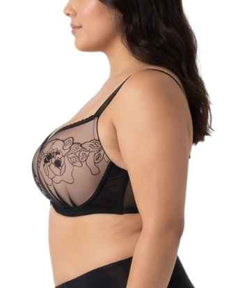 Woman wearing a black lace bra on a white background