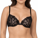 Woman wearing a black lace bra on a white background