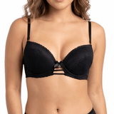 Woman wearing a black lace bra on a white background
